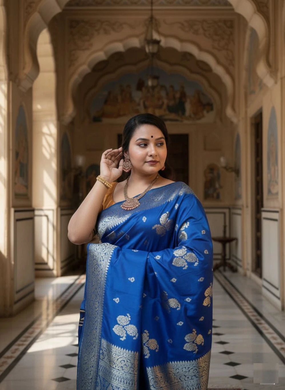 SKIP M FAMILY FASHION Floral Print Bandhani Art Silk Saree (Blue)