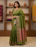 Elegant Olive Green Silk Saree with Contrast Zari Border | Traditional Festive & Ethnic Wear Saree for Women