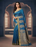 Royal Teal Blue Silk Saree with Gold Zari Motifs | Elegant Festive & Wedding Wear Saree for Women