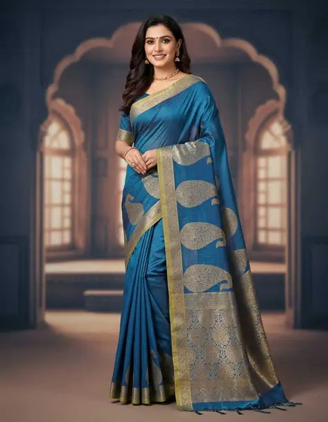 Royal Teal Blue Silk Saree with Gold Zari Motifs | Elegant Festive & Wedding Wear Saree for Women