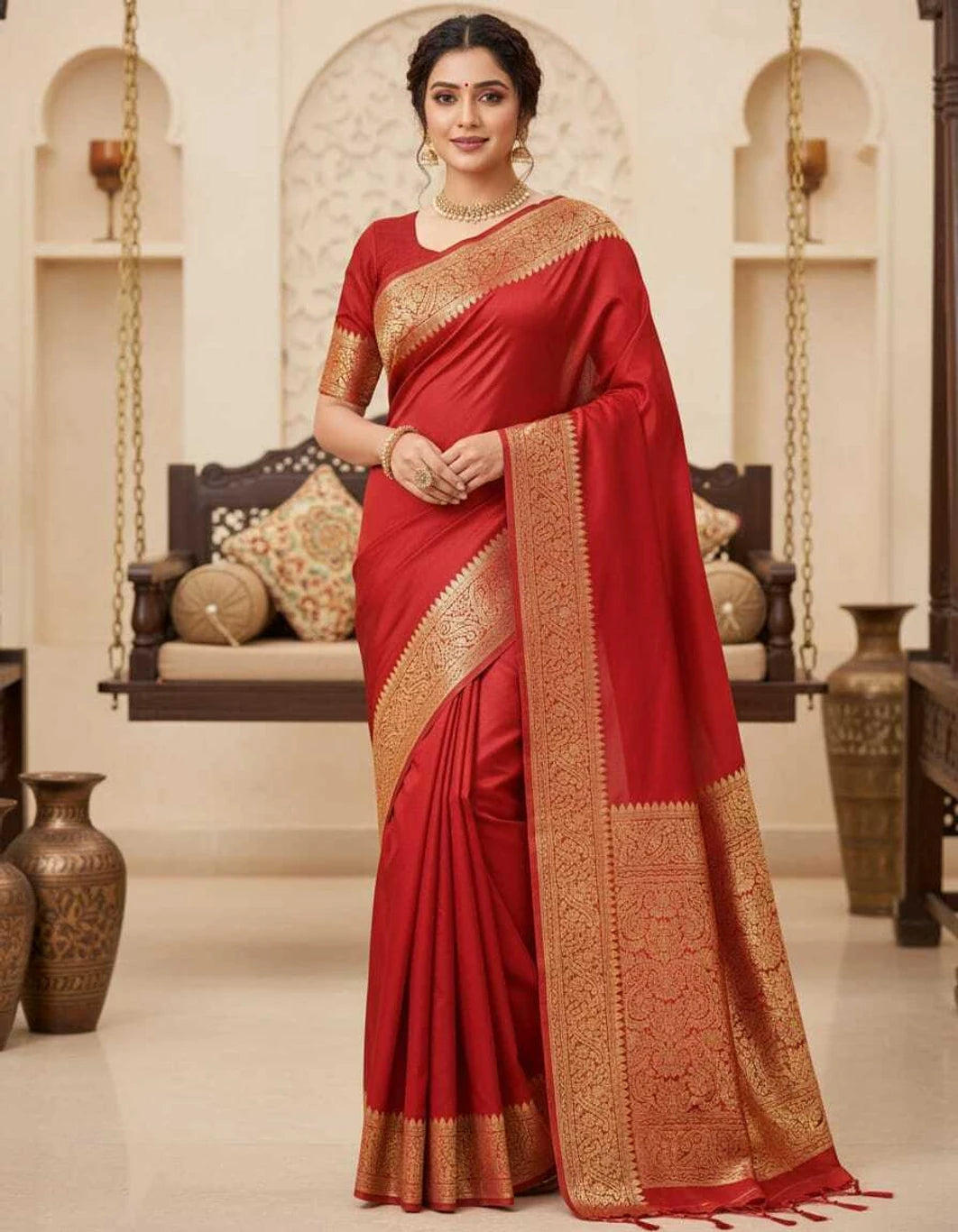 SKIP M FAMILY FASHION Floral Print Handloom Nylon Saree (Red)