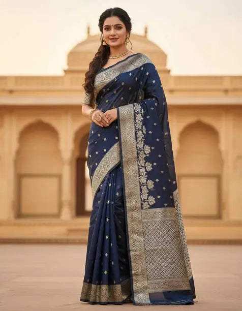 Royal Navy Blue Silk Saree with Silver Zari Border | Elegant Festive & Wedding Wear Saree for Women
