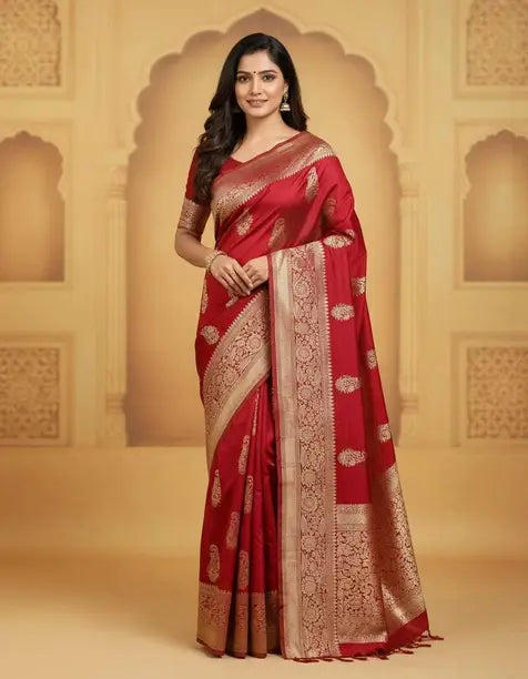 Elegant Red Silk Saree with Gold Zari Motifs | Traditional Wedding & Festive Wear Saree for Women
