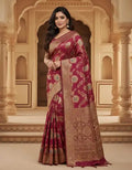 Luxurious Maroon Silk Saree with Gold Floral Zari Work | Bridal & Festive Wear Designer Saree for Women