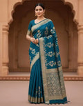 Elegant Teal Blue Floral Silk Saree with Gold Zari Border | Festive & Wedding Wear Saree for Women  Description:
