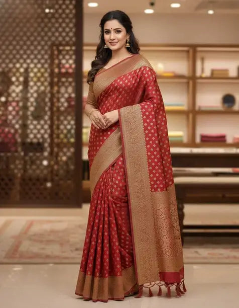 Elegant Red Silk Saree with Gold Zari Border | Traditional Festive & Wedding Wear Saree for Women