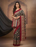 Elegant Black Floral Printed Saree with Maroon Border | Traditional Festive & Ethnic Wear Saree for Women