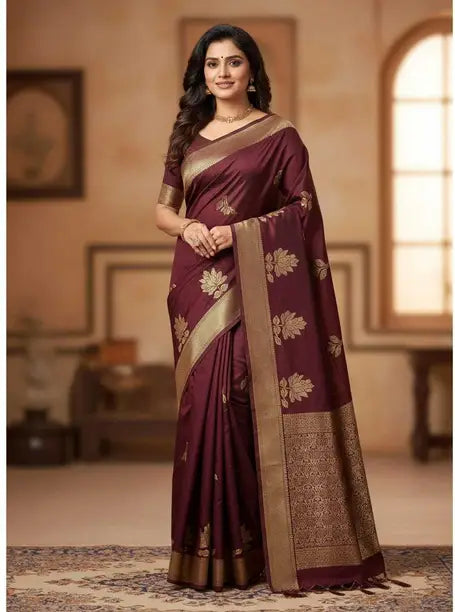 Elegant Wine Purple Silk Saree with Gold Zari Motifs | Festive & Traditional Wear Saree for Women