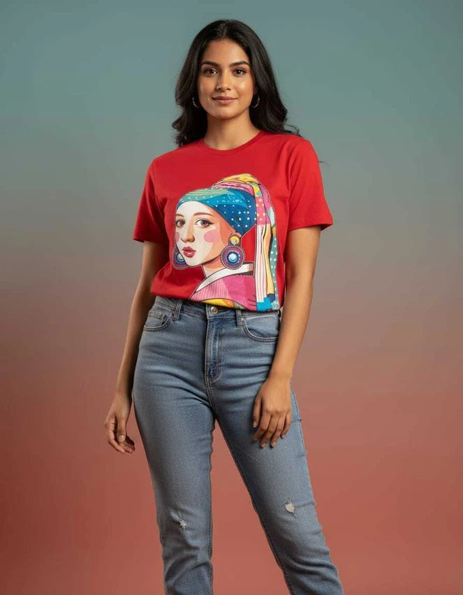 SKIP M FAMILY FASHION Women Graphic Print, Printed Round Neck Pure Cotton Red T-Shirt