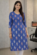 SKIPMTRADING Women Printed, Floral Print Pure Cotton Straight Kurta (Blue)