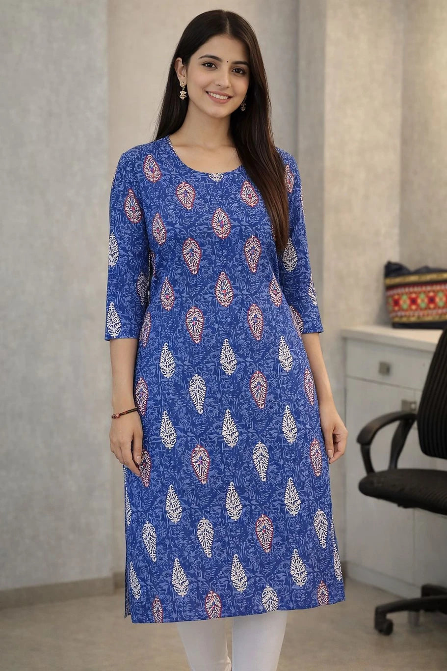 SKIPMTRADING Women Printed, Floral Print Pure Cotton Straight Kurta (Blue)