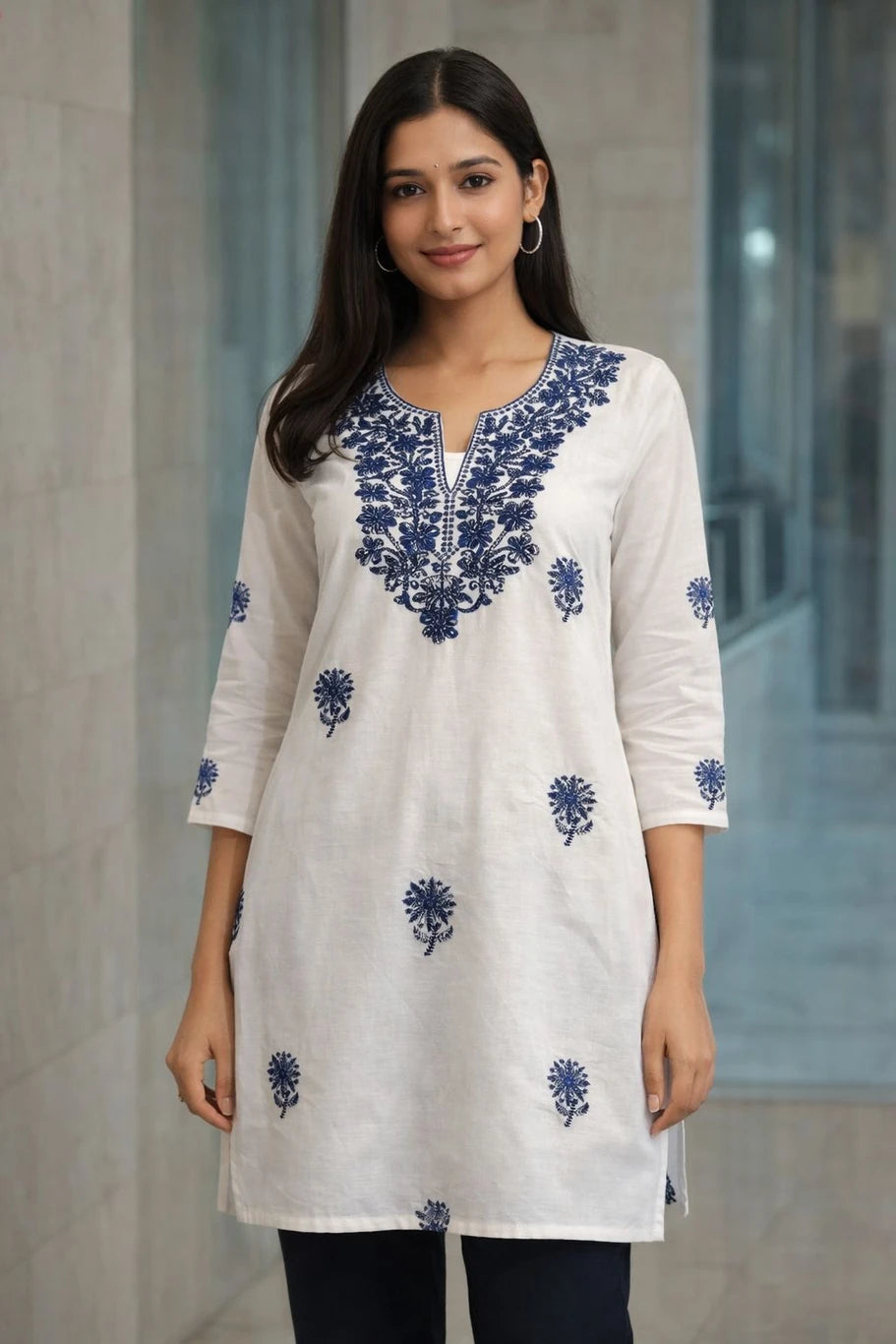 SKIPMTRADING Women Embroidered Pure Cotton Straight Kurta (White)
